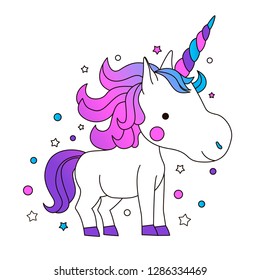 Cute Cartoon Smiling Unicorn on a white background with stars and dots