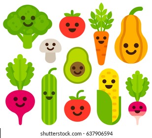 Cute cartoon smiling vegetables set. Healthy food vector illustration, modern flat icons.