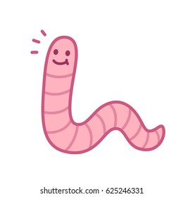 Cute Cartoon Smiling Worm Drawing. Little Pink Earthworm Isolated Vector Illustration.