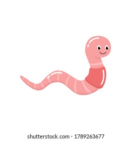 Cute cartoon smiling worm. Little pink earthworm isolated vector illustration.