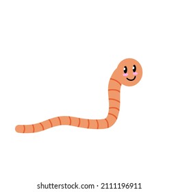 Cute cartoon smiling worm. Little pink earthworm isolated vector illustration.