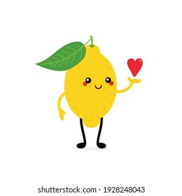 Cute cartoon smiling yellow lemon character holding in hand red heart. Love, caring, appreciation concept.