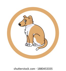 Cute cartoon Smooth Collie in dotty circle puppy vector clipart. Pedigree kennel doggie breed for kennel club. Purebred domestic dog training for pet parlor. Illustration mascot. Isolated canine. 