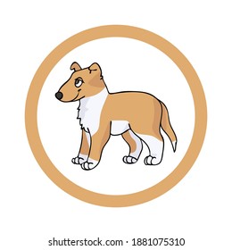 Cute cartoon Smooth Collie in dotty circle puppy vector clipart. Pedigree kennel doggie breed for kennel club. Purebred domestic dog training for pet parlor. Illustration mascot. Isolated canine. 