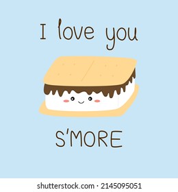 Cute cartoon s'more doodled on pastel blue background with quote "I love you S'MORE". Food and dessert pun for card design in love concept