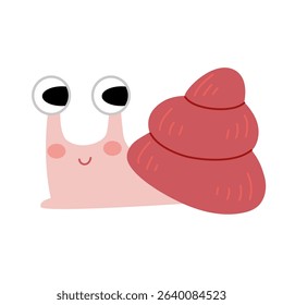 Cute Cartoon Snail with Big Eyes and Spiral Shell. Adorable Vector Illustration in Pink Colors for Kids, Nursery Decor, Greeting Cards, and Stickers
