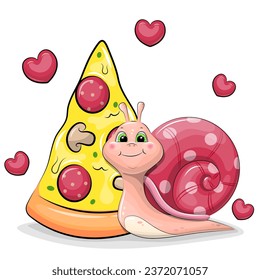 Cute cartoon snail with a big piece of pizza. Vector illustration of animal on a white background with red hearts.