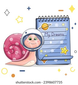 A cute cartoon snail and a blue notebook with stickers. Vector illustration of animal on a white background with stars, circles.
