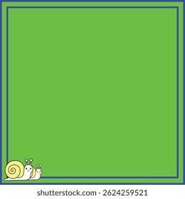 Cute cartoon snail border frame template with pastel blue background, purple border lines, and decorative leaves. Ideal for children's invitations, notes, scrapbook pages, or educational materials