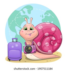 Cute cartoon snail with camera and luggage. Vector illustration of a traveling animal with a globe in the background.