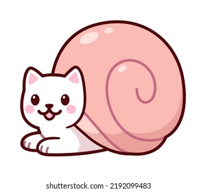 Cute cartoon snail cat drawing. Kawaii  kitten in snail shell. Vector clip art illustration.
