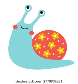 Cute cartoon snail character with flowered shell looks up and friendly smiles. Vector illustration of happy mollusk isolated on a white background
