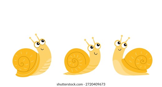 Cute cartoon snail characters set. Funny yellow snails with big eyes. Flat vector illustration. Kids design, nursery art, isolated on white background.