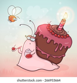 Cute cartoon snail with cherry cake on her back