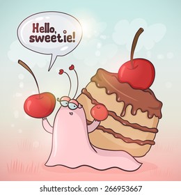 Cute cartoon snail with cherry cake on her back
