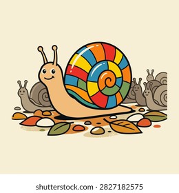 A Cute Cartoon Snail With A Colorful Patterned Shell Moving Slowly