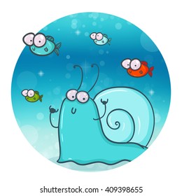 Cute cartoon snail with company of little fishes.
