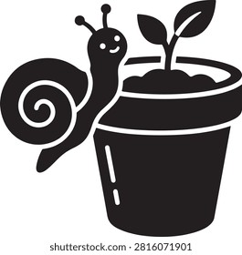 Cute cartoon snail crawling on the side of a small clay flower pot with a growing green sprout, black and white isolated