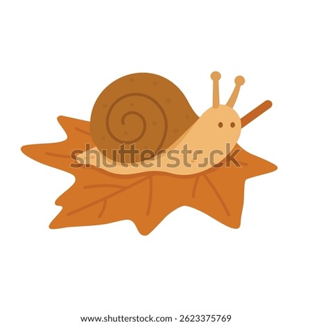 Cute cartoon snail crawling on an orange autumn leaf. Warm seasonal vector illustration.