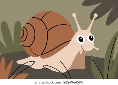 Cute cartoon snail crawling slowly through the forest grass with a big brown shell and funny googly eyes.
