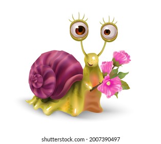 A cute cartoon snail with a flower congratulates you. Isolated on white background.