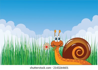 Cute Cartoon Schnecke mit Blume. Vektorgrafik von Tieren auf blauem Frühling und Sommerhintergrund.