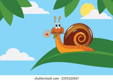 Cute cartoon snail with flower. Vector illustration of animal on the blue spring and summer background.