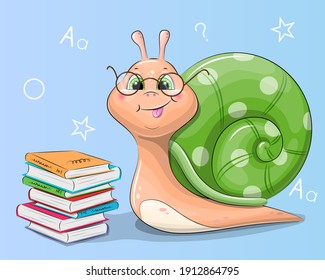 A cute cartoon snail with glasses stands near the books. Vector illustration of animal on a blue background.