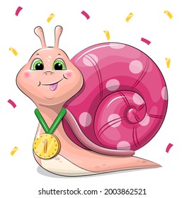 Cute cartoon snail with a golden medal. Vector illustration of a winner isolated on white.