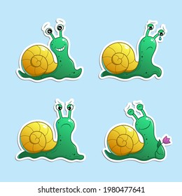 Cute cartoon snail with green body and yellow shell. Set of four different emotions, including joy, sadness, anger and happiness or thankfulness. Vector stickers isolated on blue background