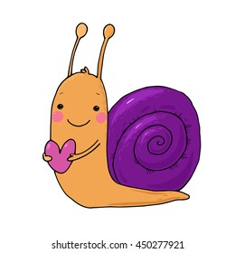 Cute cartoon snail with heart. funny insect. Hand drawing isolated objects on white background. Vector illustration. 