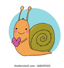 Cute Cartoon Snail With Heart. Funny Insect. Hand Drawing Isolated Objects On White Background. Vector Illustration.