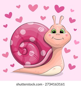 Cute cartoon Snail with hearts. Vector illustration of animal on pink background with hearts.