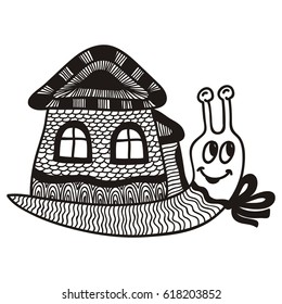 Cute cartoon snail with house. Vector illustration.