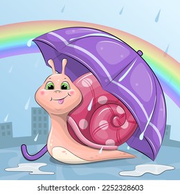 Cute cartoon snail with a lilac umbrella in the rain. Vector illustration of an animal with a rainbow on a blue background.