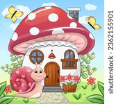 Cute cartoon snail with mushroom house. Summer vector illustration of animal with flowers and butterflies in nature.