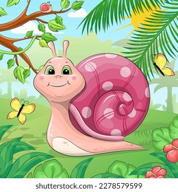 Cute cartoon snail in nature. Vector illustration of an animal in a tropical forest with flowers, butterflies and trees.