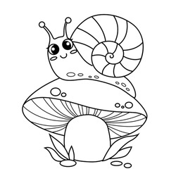 Cute Cartoon Snail On Mushroom. Black And White Vector Illustration For Coloring Book