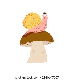 Cute cartoon snail on mushroom illustration isolated on white background