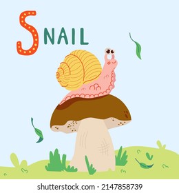 Cute cartoon snail on mushroom illustration isolated in green grass with falling leaves on blue sky