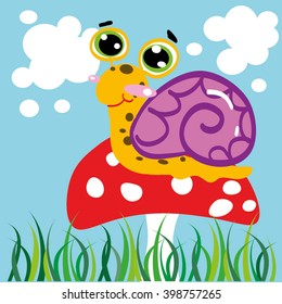 Cute cartoon snail on mushroom