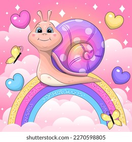 Caracol de dibujos animados en el arco iris. Ilustración vectorial de un animal sobre un fondo rosado con nubes.