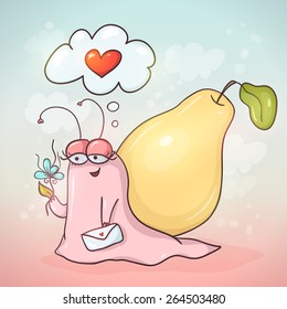 Cute cartoon snail with pear on her back