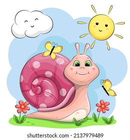 A cute cartoon snail with a pink shell spends time outdoors. Spring vector illustration with animal, flowers, butterflies, sun and clouds on a blue background.