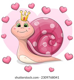 A cute cartoon snail with a pink shell and a golden crown. Vector illustration of a queen on a pink background with hearts.