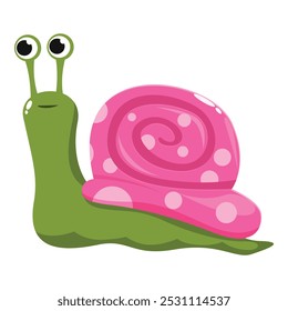 Cute cartoon snail with a pink shell with white dots is sliding along on a white background