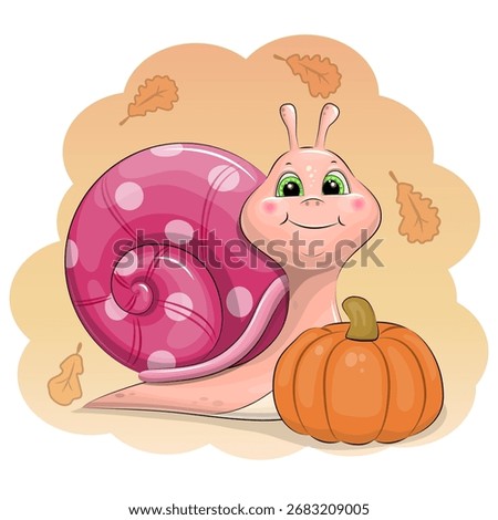 A cute cartoon Snail with pumpkin. Vector illustration of animal with vegetable and orange baclground with autumn leaves.