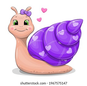 Cute cartoon snail with a purple shell decorated with hearts. Vector animal illustration isolated on white.