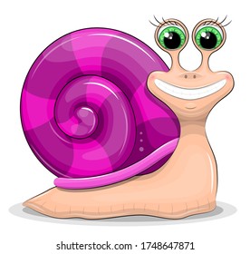 Cute cartoon snail with a purple striped shell. Vector illustration of animal isolated on white