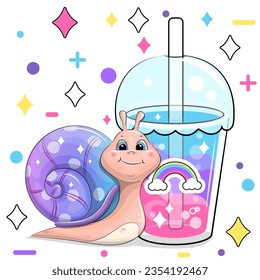 Cute cartoon snail and rainbow drink. Vector illustration of animal and a cup with colorful water on a white background with stars and dots.